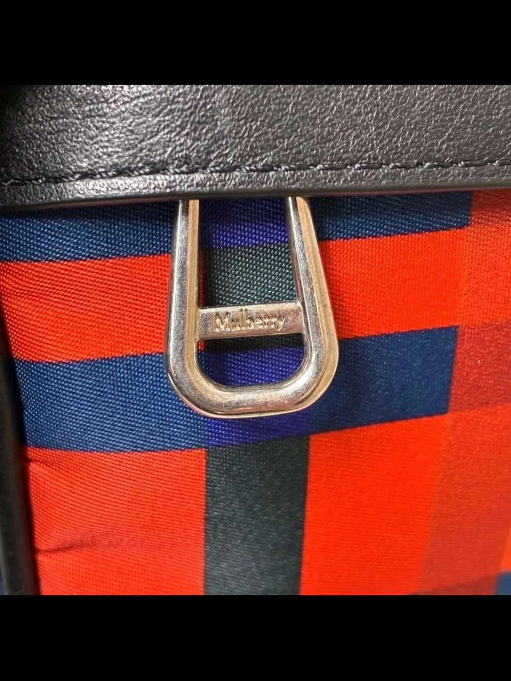 Mulberry Red and Blue Plaid Leather-Trim Toiletry Bag